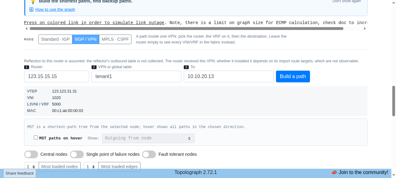 Formulario BGP / VPN con la tarjeta del host 10.10.20.13 detrás del VTEP 123.123.31.31